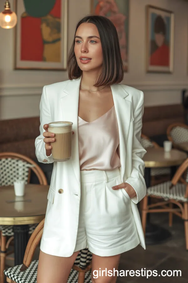 White Blazer and Pastel Cami Set for a Stylish Caf&eacute; Brunch