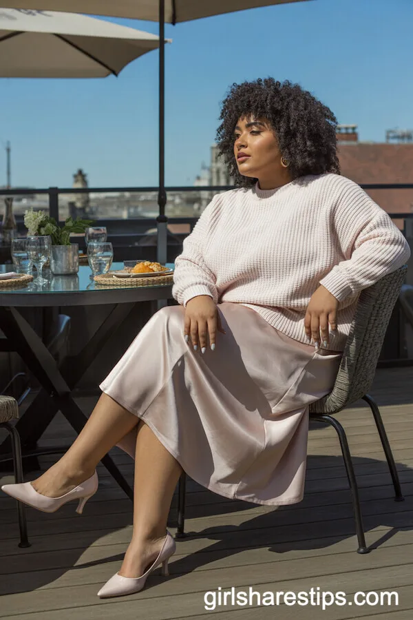 Blush Pink Satin Midi Skirt with Oversized Sweater for a Chic Brunch