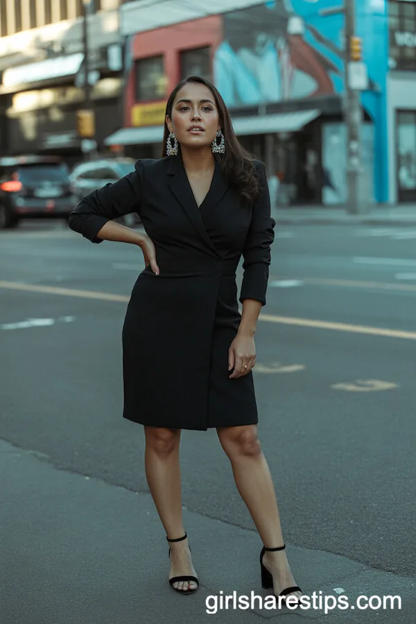 Classic Black Tailored Dress with Statement Earrings for Downtown Evenings