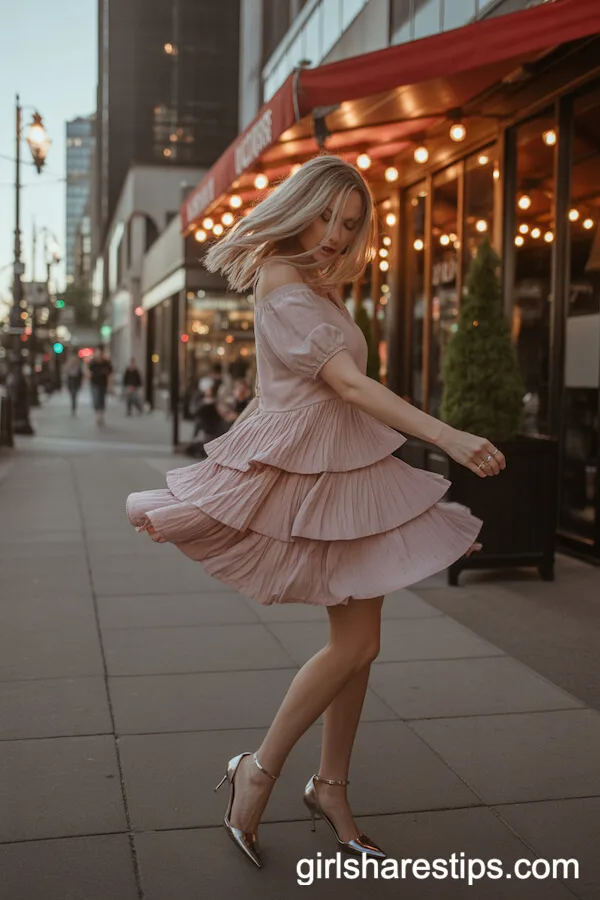 Pink Ruffle Mini Dress Perfect for Twirling Under City Lights