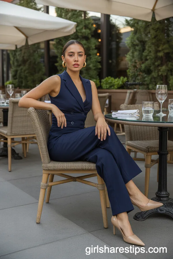 Navy Jumpsuit and Gold Accessories
