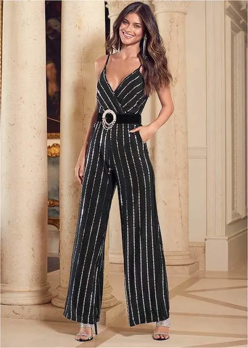 black and gold jumpsuit party look