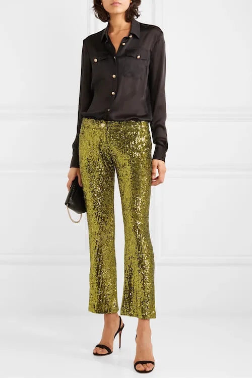 black blouse and gold sequin pants combo