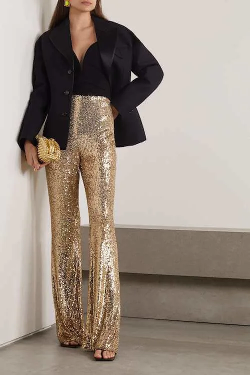 black blazer and gold sequin pants for holiday party