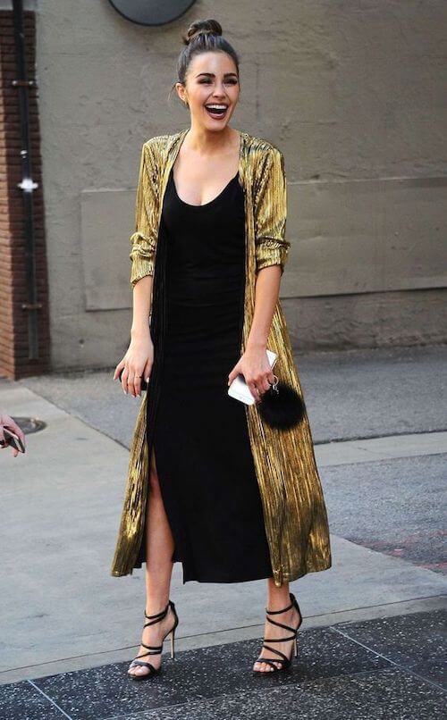 gold cardigan black dress