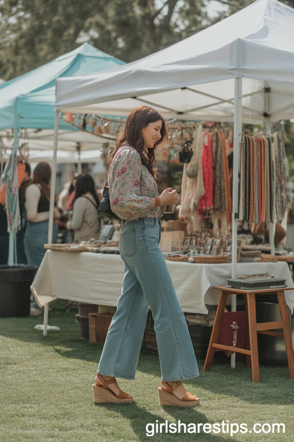 Boho Floral Blouse with Wide-Leg Jeans Look: Pair a flowy, floral-print bohemian blouse with high-waisted wide-leg jeans for a relaxed yet stylish ensemble. Tuck in the blouse to emphasize the waist, and add a woven belt for a boho touch. Complete the look with strappy sandals or ankle boots, layered necklaces, and a fringe bag. Perfect for a casual day out or a music festival.