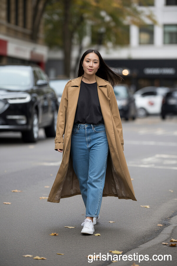 Classic Camel Trench Coat and Blue Jeans Outfit