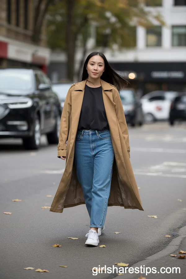 Classic Camel Trench Coat and Blue Jeans Outfit