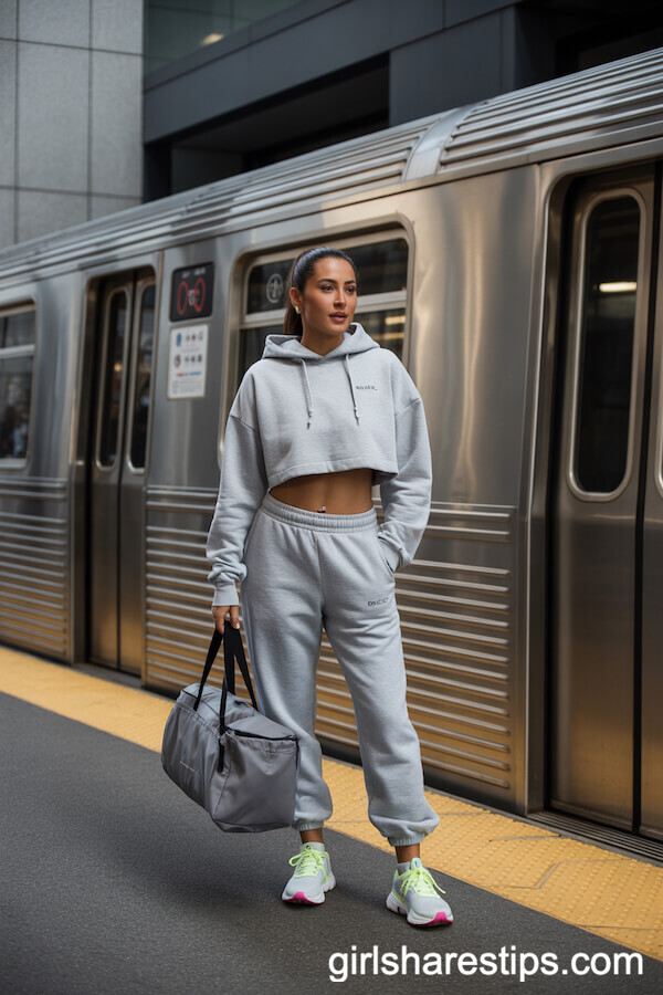 Grey Cropped Hoodie and Joggers Athleisure Set