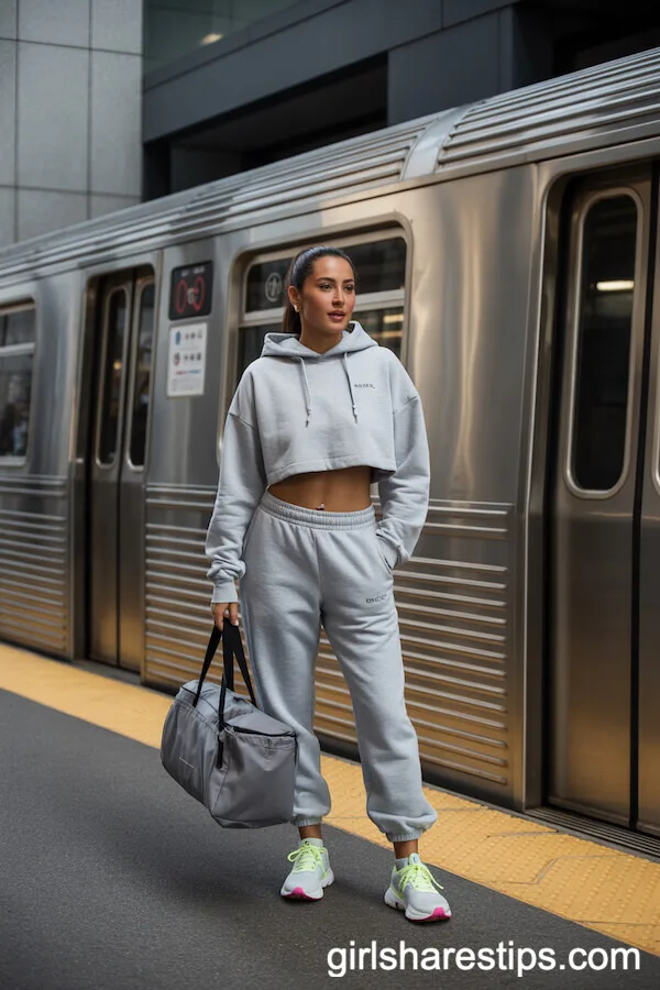 Grey Cropped Hoodie and Joggers Athleisure Set