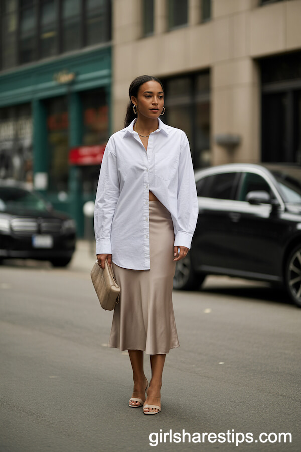 Oversized Button-Down Shirt over a Slip Skirt Idea