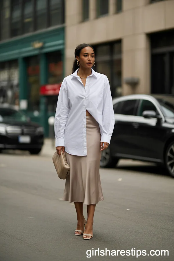 Oversized Button-Down Shirt over a Slip Skirt Idea