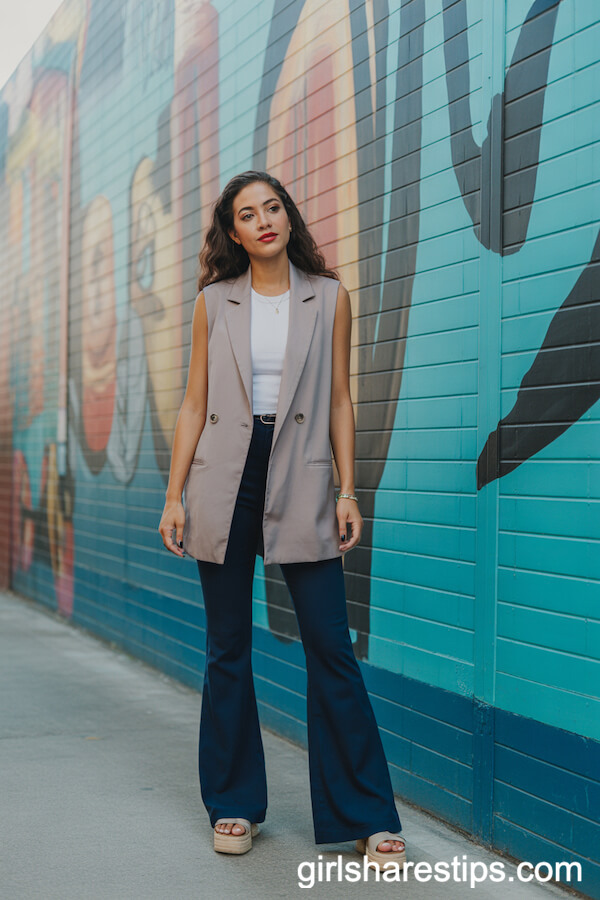 Sleeveless Tailored Vest with Flared Navy Pants