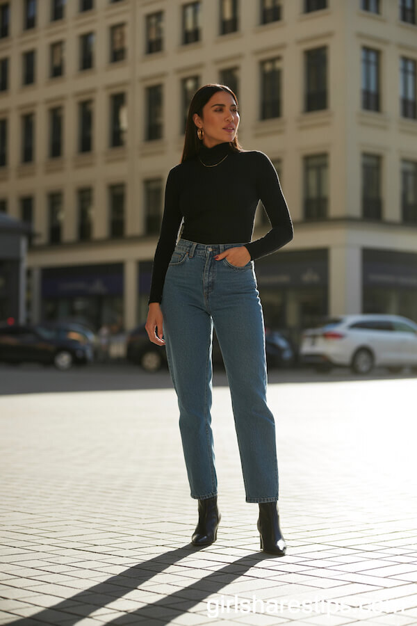 Black Turtleneck and Blue Straight-Leg Jeans Style