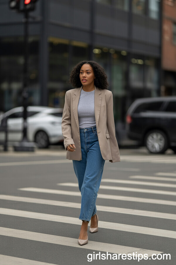 Beige Blazer and Straight-Leg Jeans Street Style Look