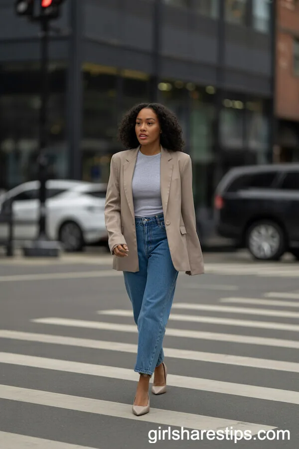 Beige Blazer and Straight-Leg Jeans Street Style Look