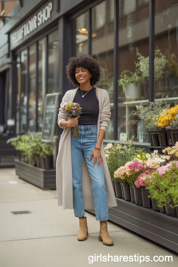 Long Cardigan with Fitted Top and Straight-Leg Jeans