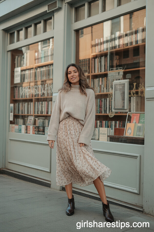 Chunky Knit Sweater with Floral Midi Skirt Ensemble