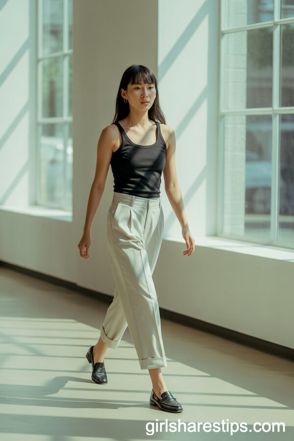 Minimalist Black Tank Tailored Ivory Trousers