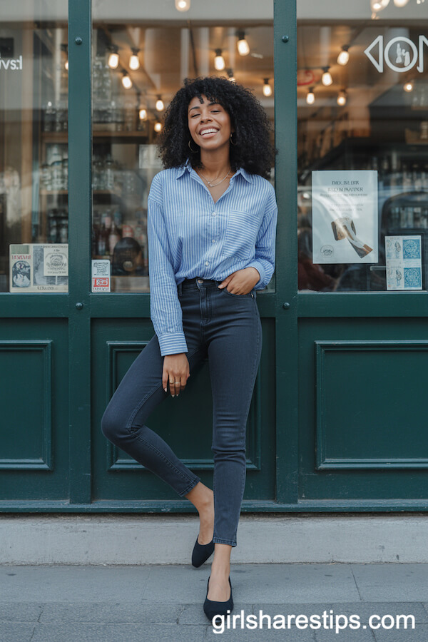 Striped Button-Up Shirt with Dark Skinny Jeans