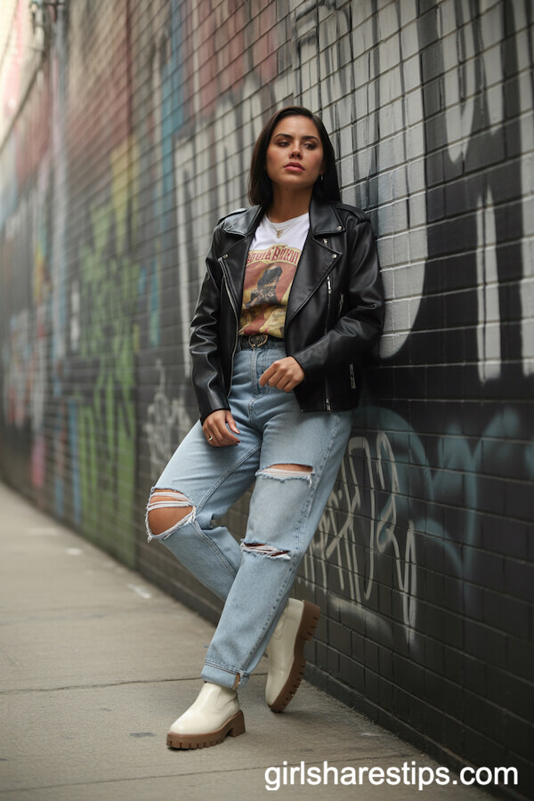 Black Leather Moto Jacket and Ripped Jeans Combo