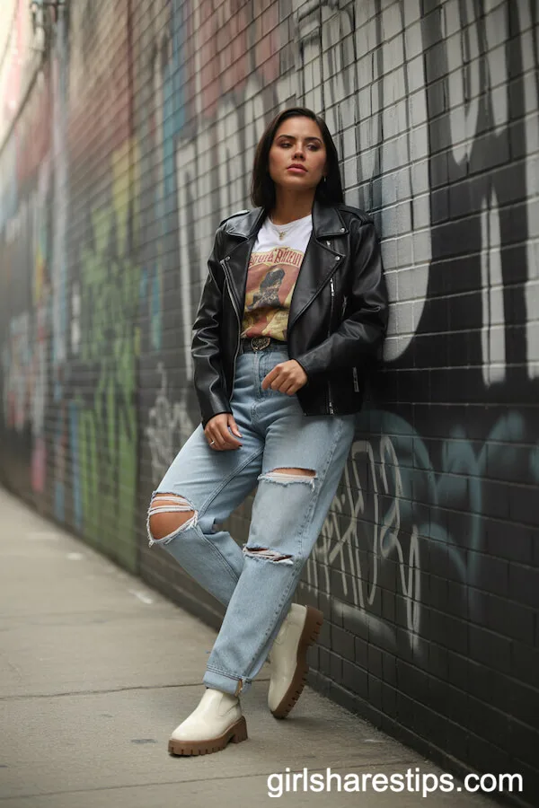 Black Leather Moto Jacket and Ripped Jeans Combo