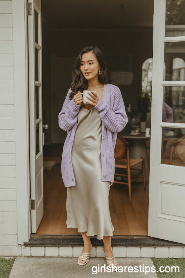 Pastel Cardigan Layered over a Silk Slip Dress