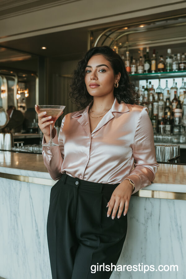 Blush Pink Satin Blouse Black High-Waisted Trousers