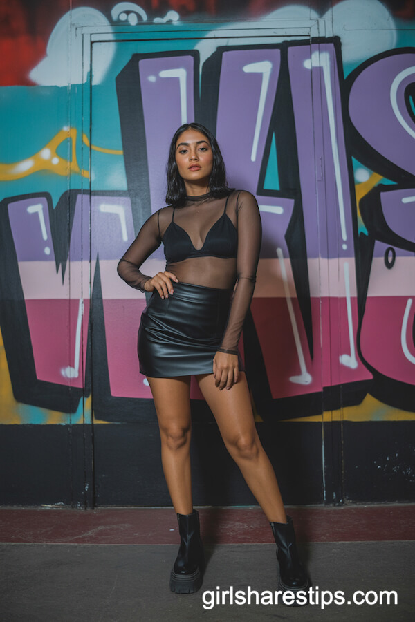 Black Sheer Mesh Top and Faux-Leather Mini Skirt