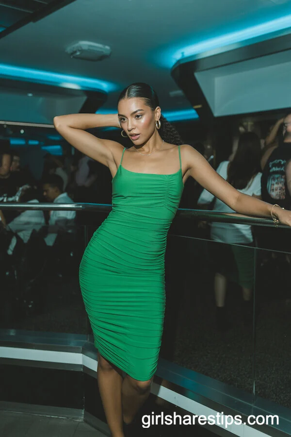 Emerald Green Ruched Midi Dress with Slick Ponytail