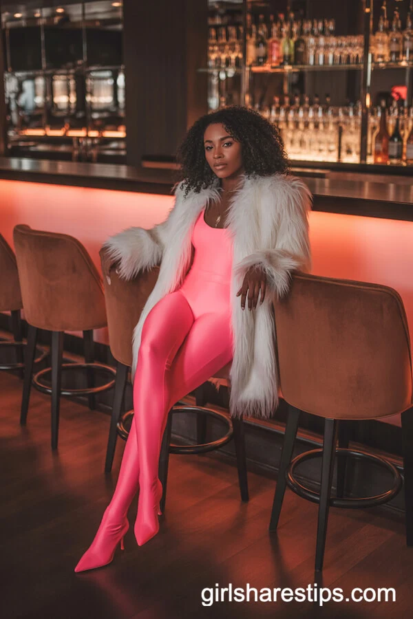 Neon Pink Bodysuit White Faux Fur Coat