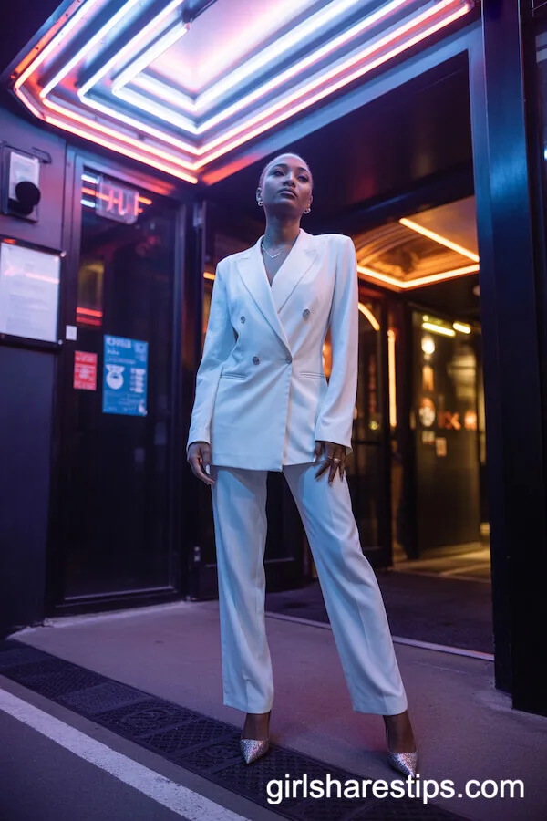 Tailored All-White Pantsuit with Pointed-Toe Stilettos