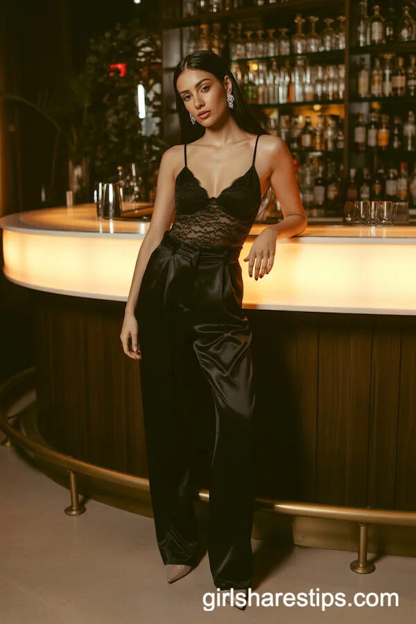 Black Lace Bodysuit High-Waisted Satin Trousers