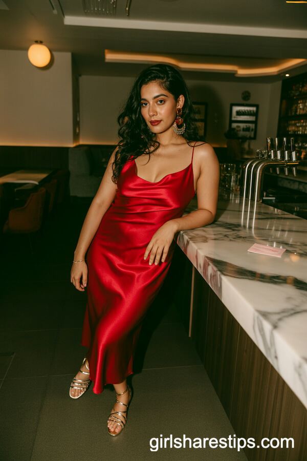 Red Satin Slip Dress with Bold Statement Earrings