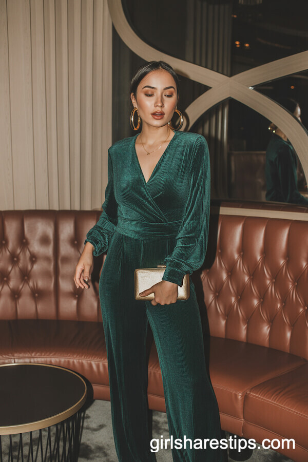 Deep Green Velvet Jumpsuit with Gold Accessories