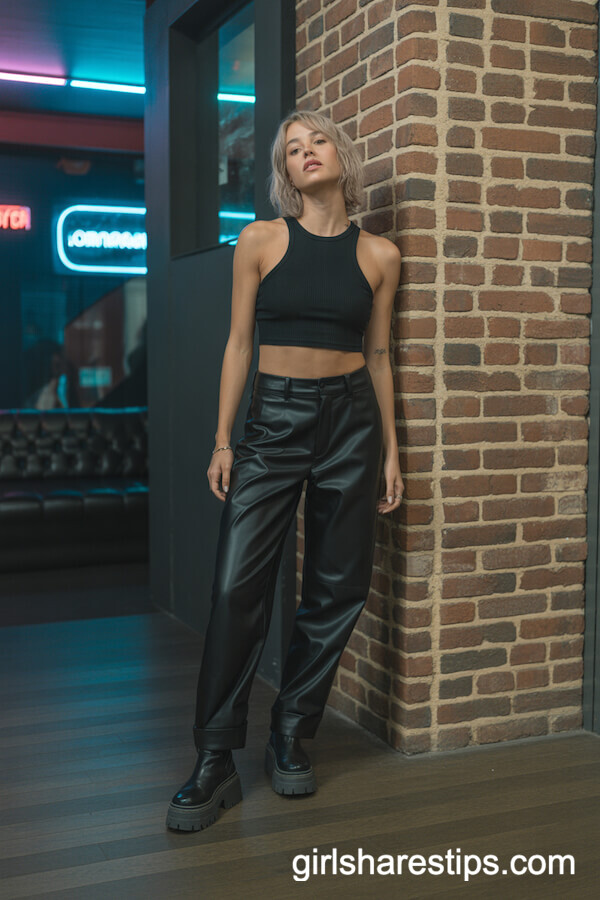 High-Waist Black Leather Pants Fitted Crop Top