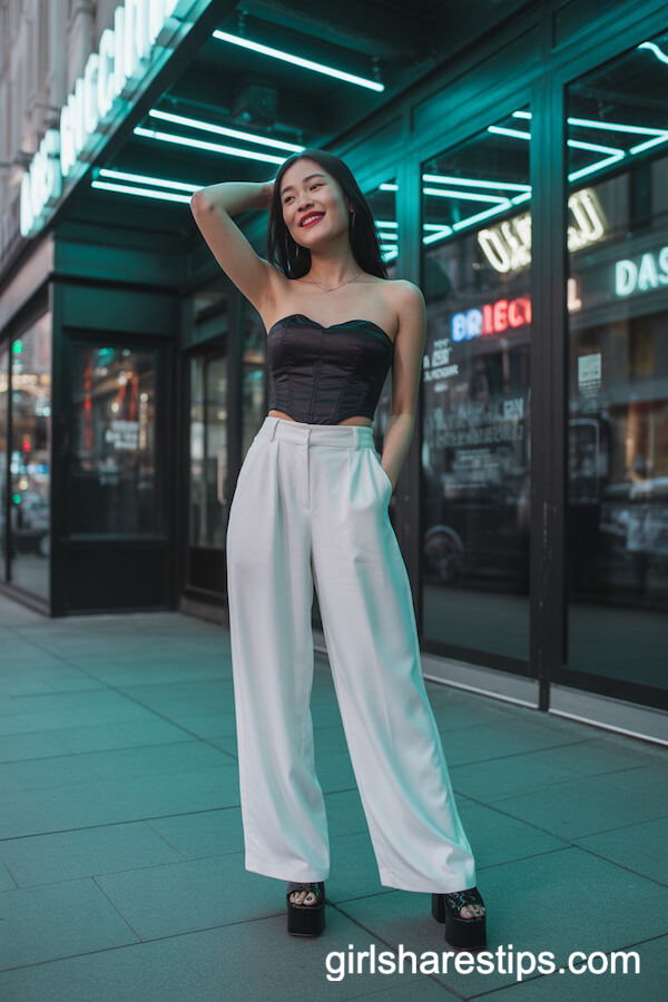 Black Strapless Corset Top with White Wide-Leg Pants