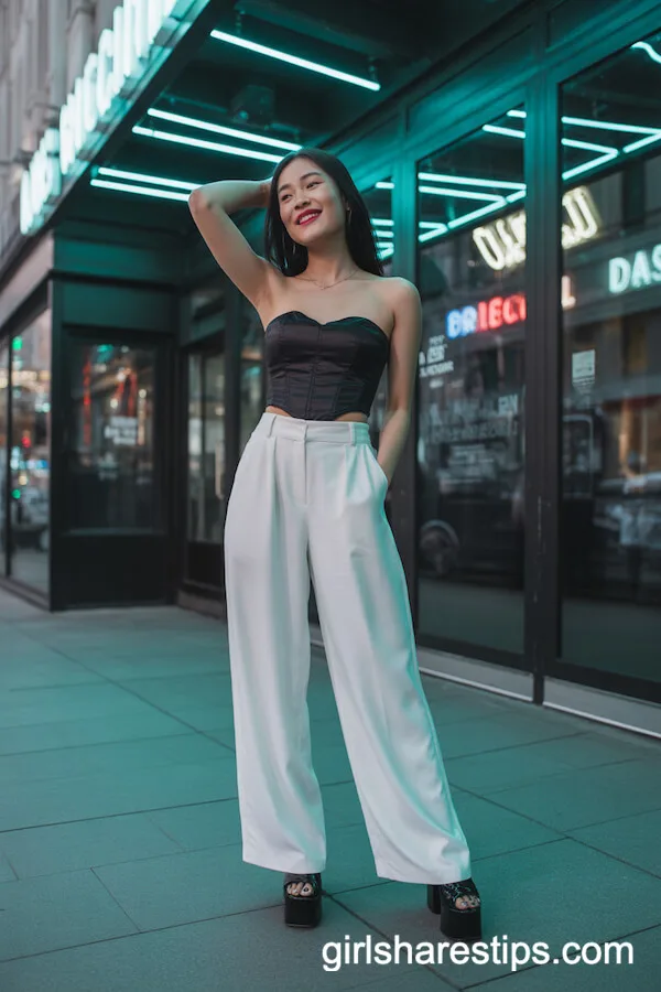 Black Strapless Corset Top with White Wide-Leg Pants