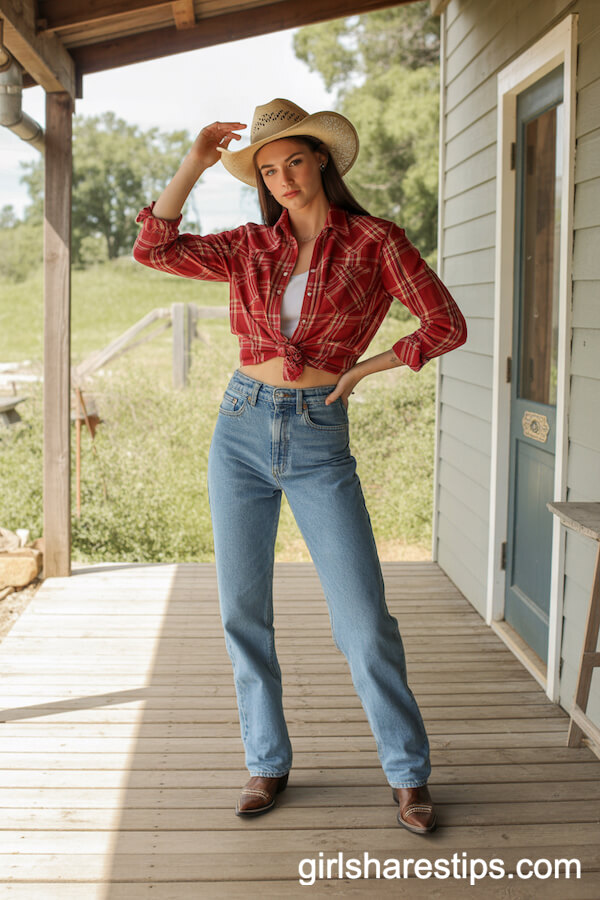 Classic Denim and Plaid Cowgirl Look