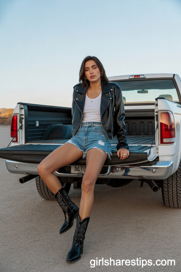 Edgy Moto Jacket and Denim Shorts Desert Look