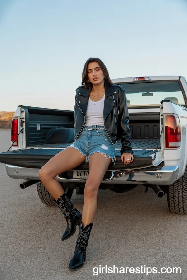 Edgy Moto Jacket and Denim Shorts Desert Look