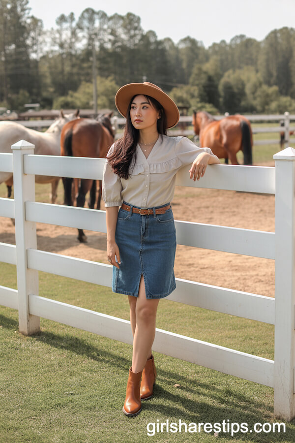 Denim Skirt and Ruffled Blouse Ranch Outfit
