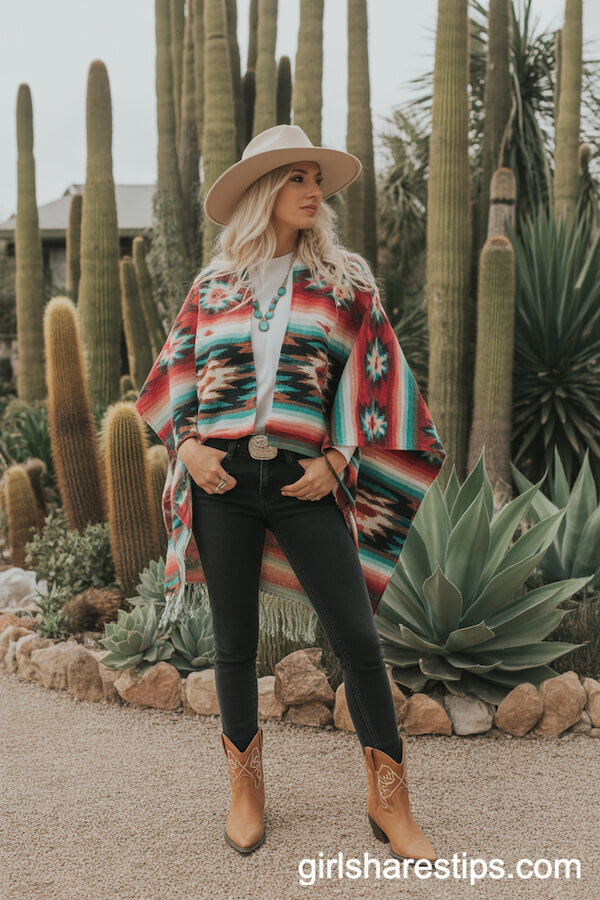Southwest Print Poncho with Skinny Jeans