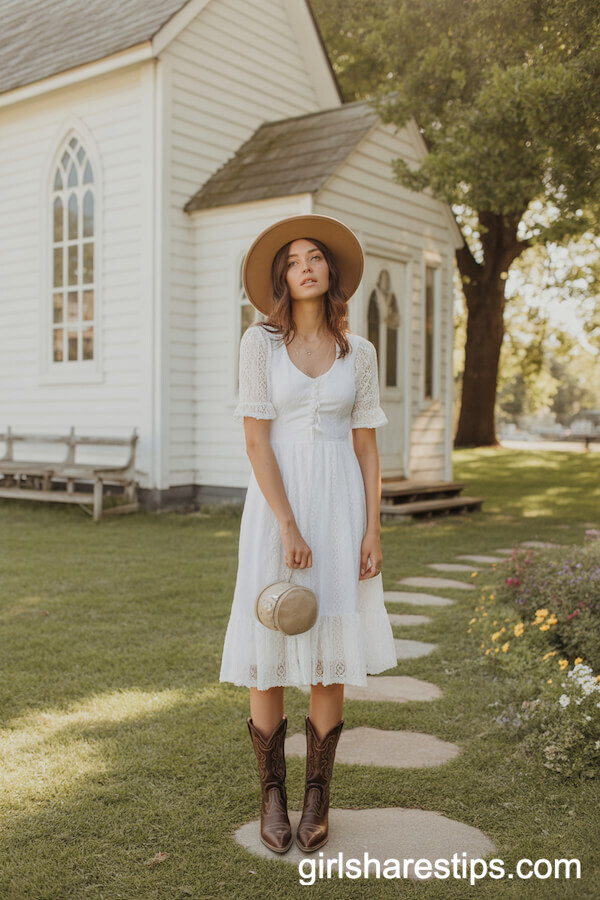 Lace Dress and Tan Hat Pastoral Outfit
