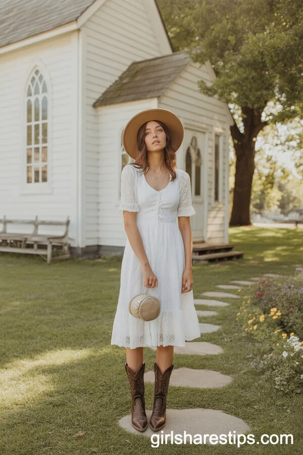 Lace Dress and Tan Hat Pastoral Outfit