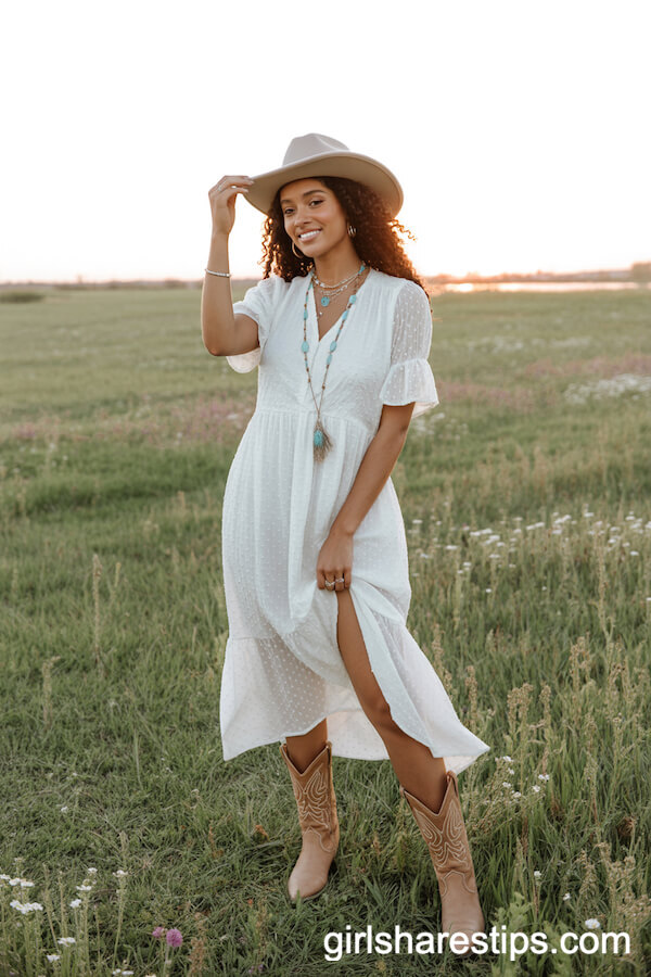 Bohemian White Dress with Cowboy Boots