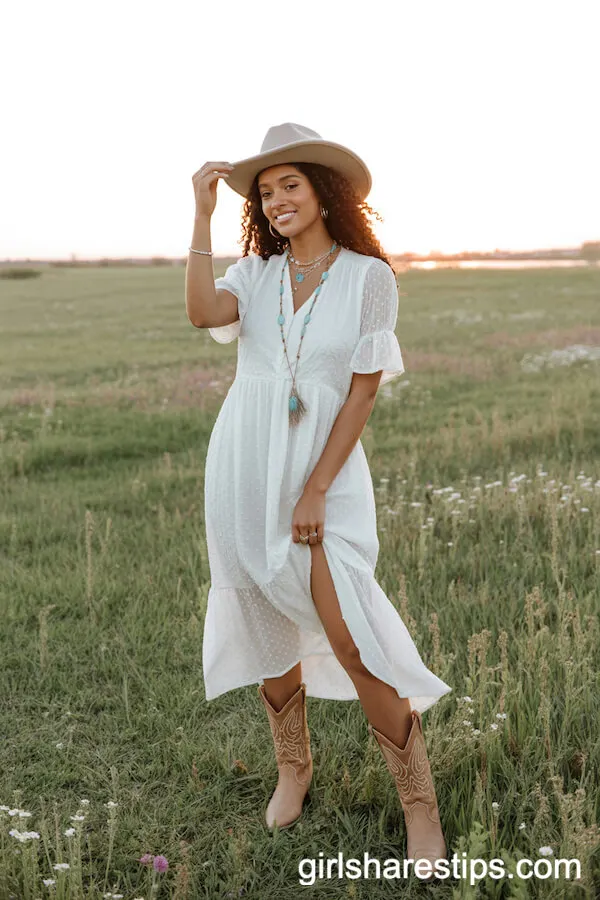 Bohemian White Dress with Cowboy Boots