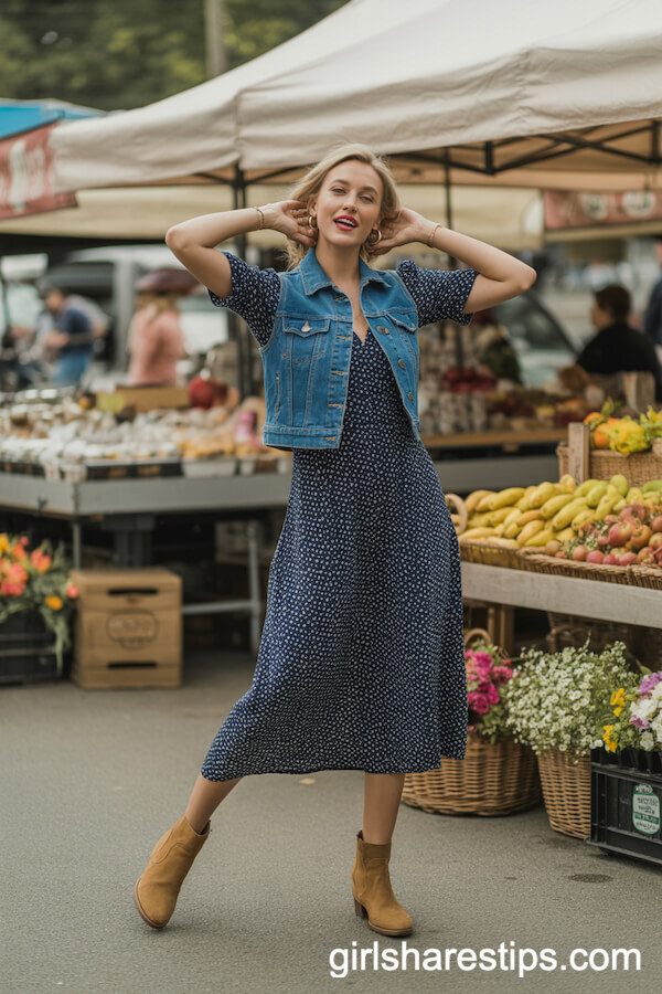 Polka Dot Midi Dress Cropped Denim Vest
