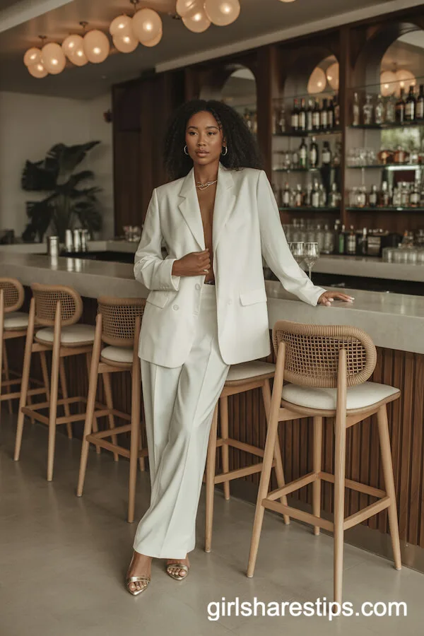 All-White Sleek Suit With Minimalist Jewelry