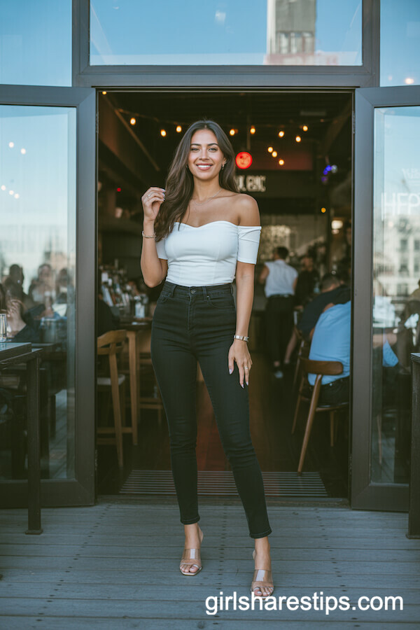 Off-Shoulder White Top With High-Waisted Black Pants